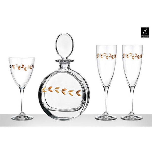 crystal, wedding set, gold leaves, κρυστάλλινo, σετ γάμου, καράφα γάμου, capolavoro, mayestic