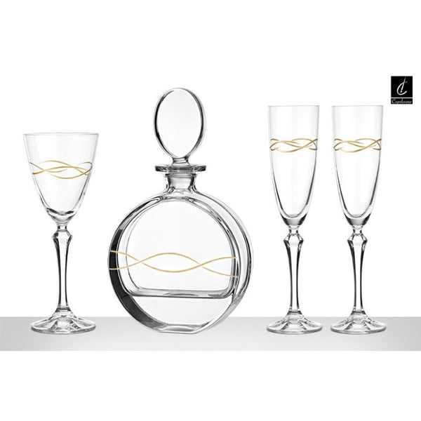 crystal, wedding set, gold circles, κρυστάλλινα, σετ γάμου, καράφα γάμου, capolavoro, mayestic