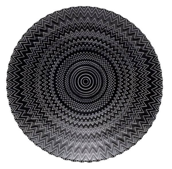Kaleidoscope, στρογγυλή διακοσμητική πιατέλα, από μαύρο γυαλί και λευκά γραμμικά σχέδια, mayestic