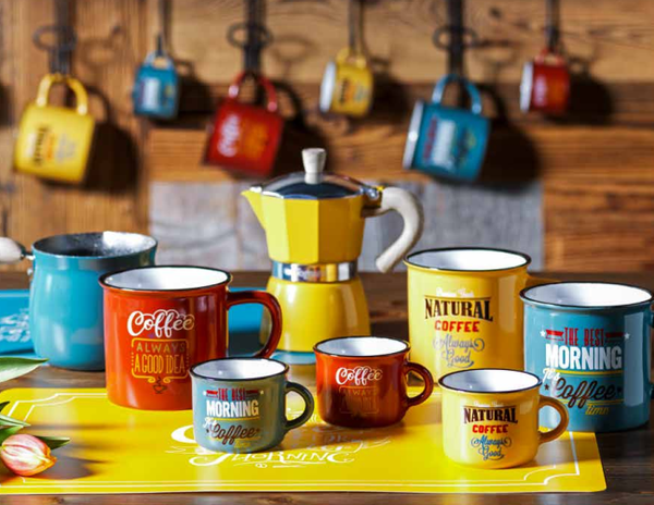 espresso cups; ceramic; vintage; blue; red; yellow; tognana;mayestic